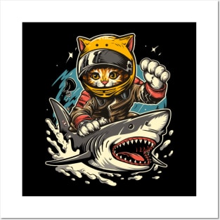 Cat Riding Shark Marine Exploration Posters and Art